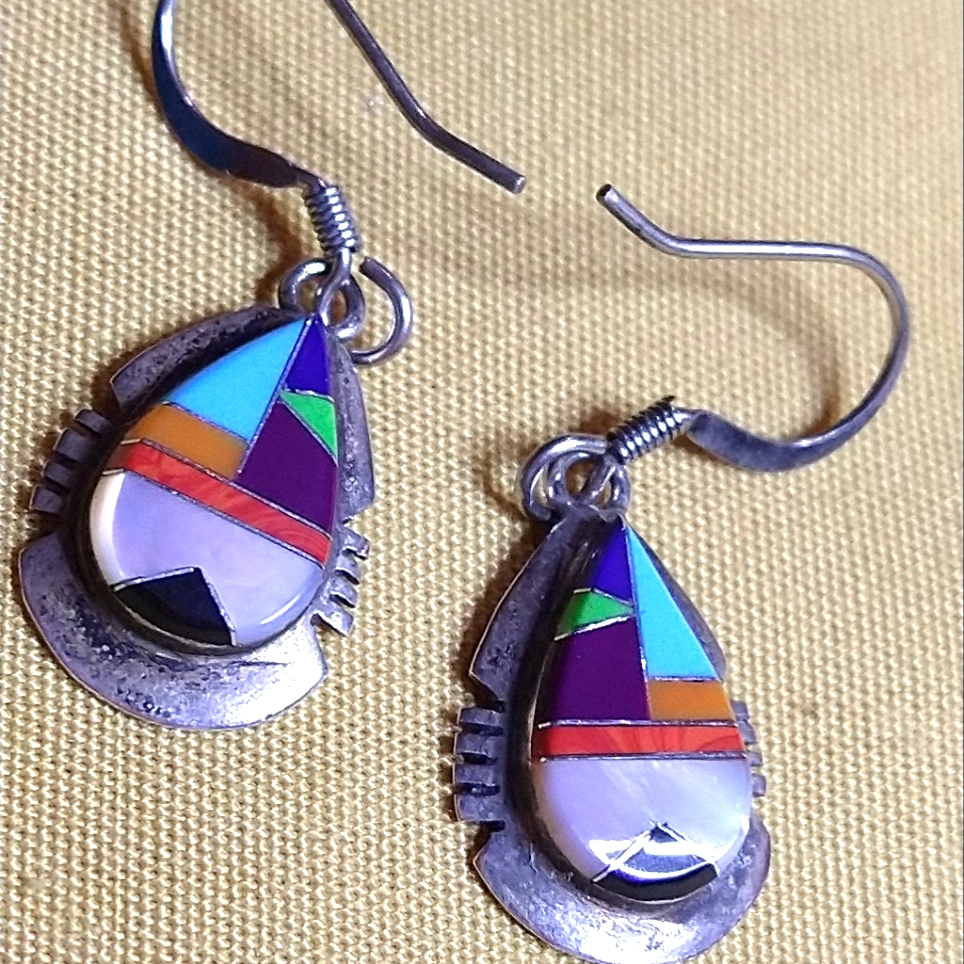 Signed American Indian Turquoise/Coral,Mother Of Pearl/Blk. Onyx/Inlay Sterling